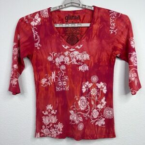 Glima Shirt Womens L Red Tie Dye Floral Boho Romantic Artsy Y2K Hippie Gypsy